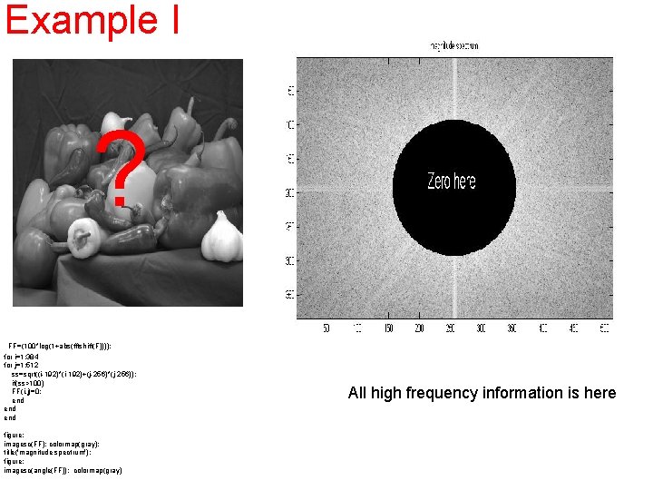 Example I ? FF=(100*log(1+abs(fftshift(F)))); for i=1: 384 for j=1: 512 ss=sqrt((i-192)*(i-192)+(j-256)*(j-256)); if(ss>100) FF(i, j)=0;