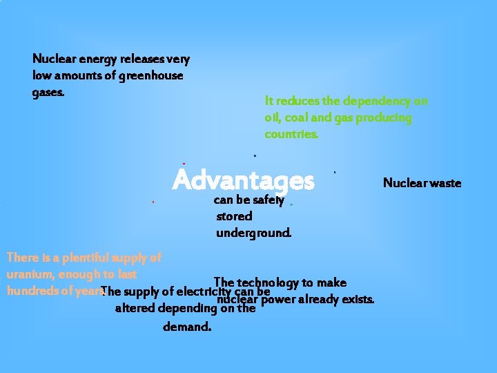 Nuclear energy releases very low amounts of greenhouse gases. It reduces the dependency on