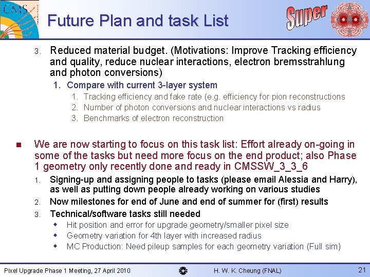Future Plan and task List 3. Reduced material budget. (Motivations: Improve Tracking efficiency and