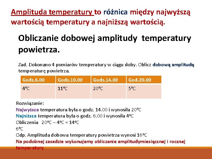 Amplituda temperatury to różnica między najwyższą wartością temperatury a najniższą wartością. Obliczanie dobowej amplitudy Amplituda temperatury to różnica między najwyższą wartością temperatury a najniższą wartością. Obliczanie dobowej amplitudy