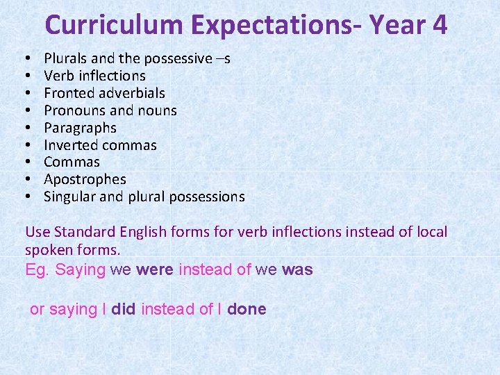 Curriculum Expectations- Year 4 • • • Plurals and the possessive –s Verb inflections