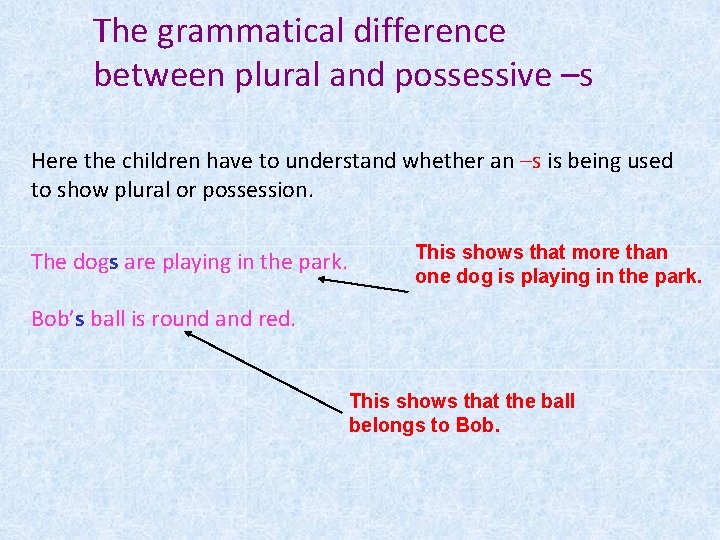 The grammatical difference between plural and possessive –s Here the children have to understand