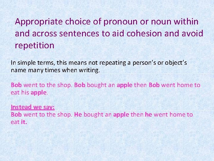 Appropriate choice of pronoun or noun within and across sentences to aid cohesion and