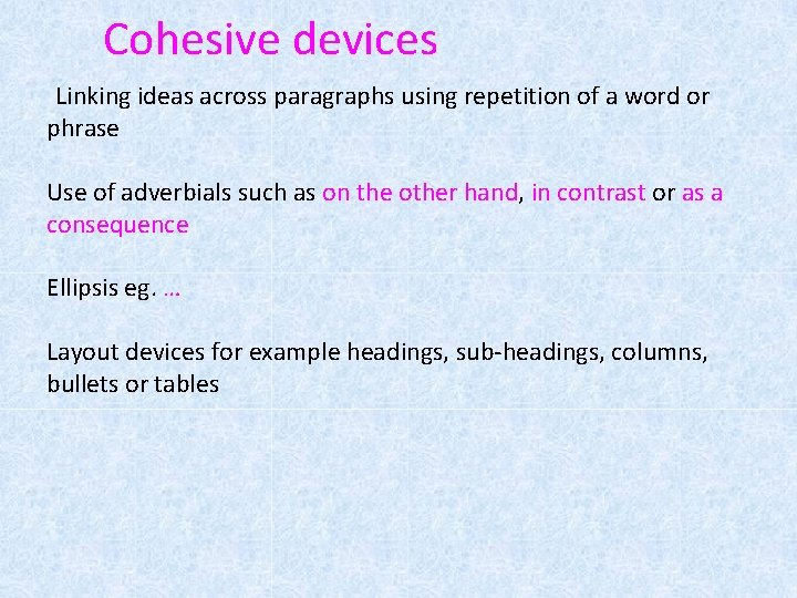 Cohesive devices Linking ideas across paragraphs using repetition of a word or phrase Use