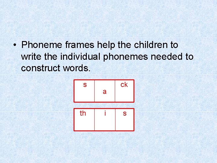  • Phoneme frames help the children to write the individual phonemes needed to