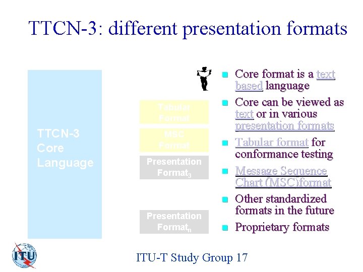 TTCN-3: different presentation formats Text format Tabular Format TTCN-3 Core Language n n MSC