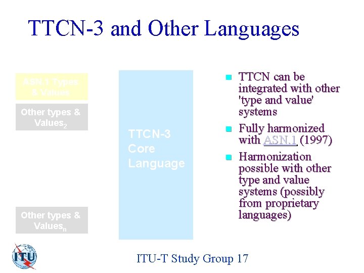 TTCN-3 and Other Languages n ASN. 1 Types & Values Other types & Values