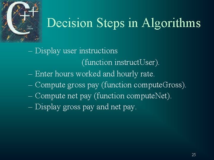 Decision Steps in Algorithms – Display user instructions (function instruct. User). – Enter hours Decision Steps in Algorithms – Display user instructions (function instruct. User). – Enter hours
