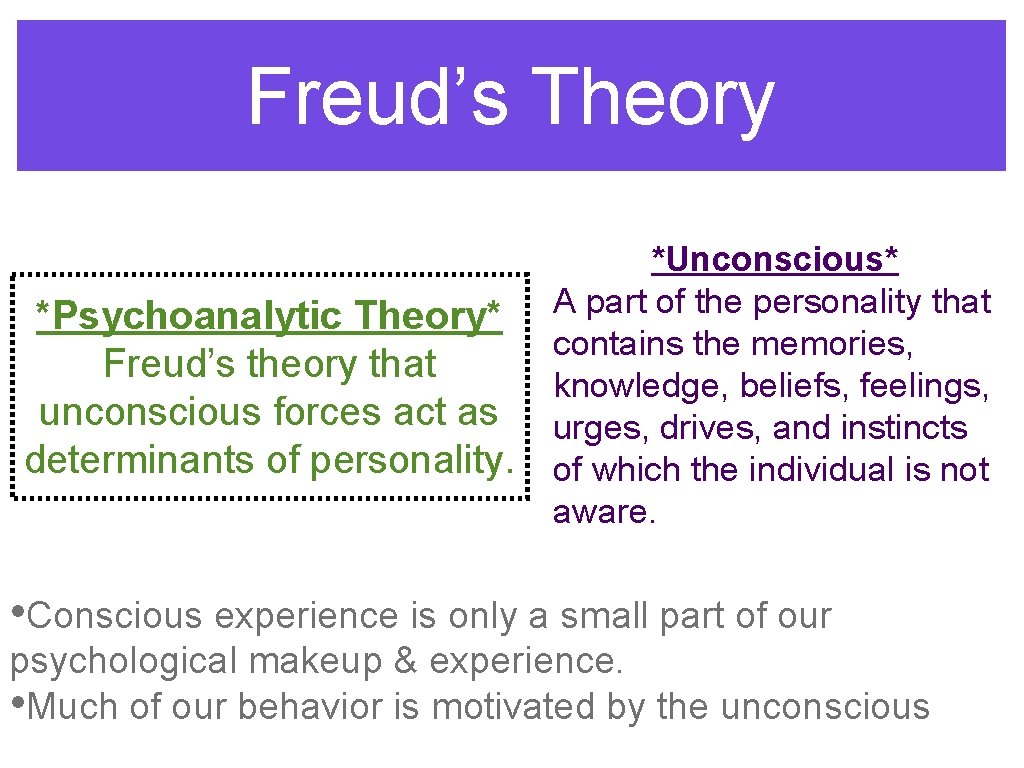 Freud’s Theory *Psychoanalytic Theory* Freud’s theory that unconscious forces act as determinants of personality.