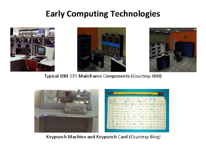 Early Computing Technologies Typical IBM 370 Mainframe Components (Courtesy IBM) Keypunch Machine and Keypunch