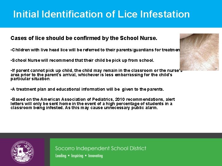 Initial Identification of Lice Infestation Cases of lice should be confirmed by the School