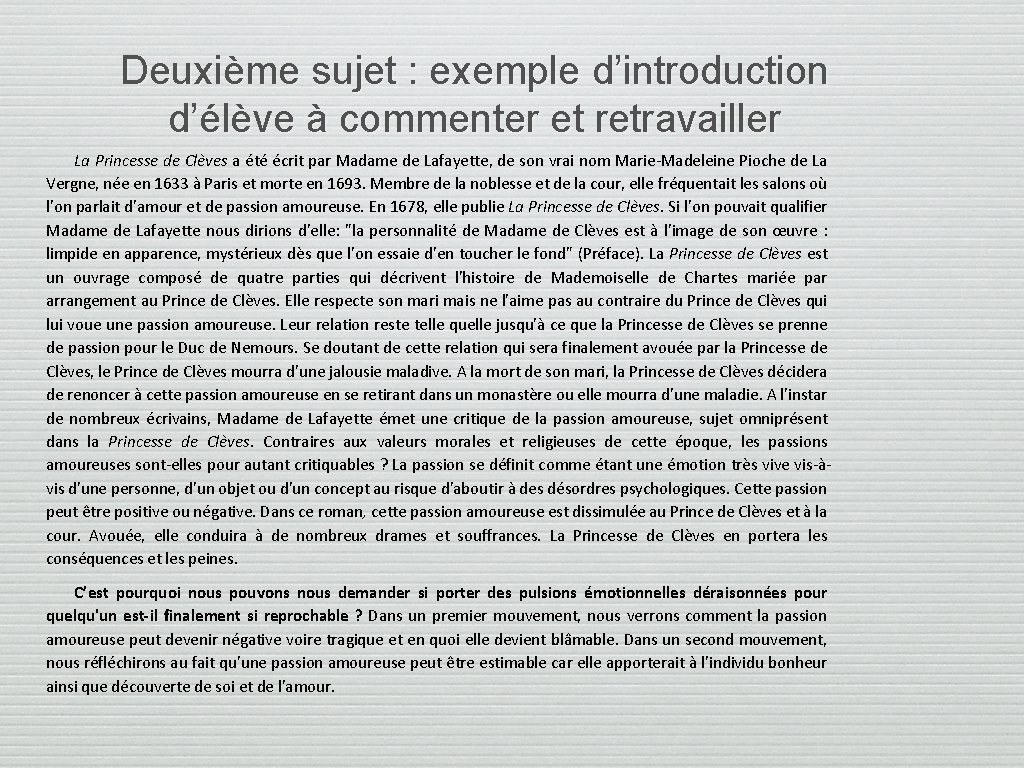 Deuxième sujet : exemple d’introduction d’élève à commenter et retravailler La Princesse de Clèves