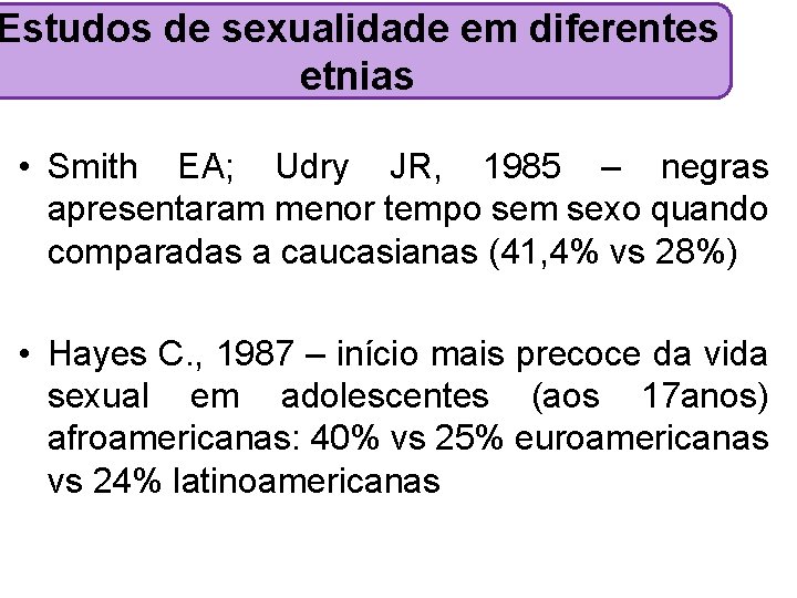 Estudos de sexualidade em diferentes etnias • Smith EA; Udry JR, 1985 – negras