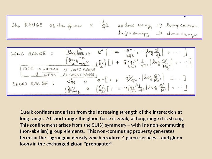 Quark confinement arises from the increasing strength of the interaction at long range. At Quark confinement arises from the increasing strength of the interaction at long range. At