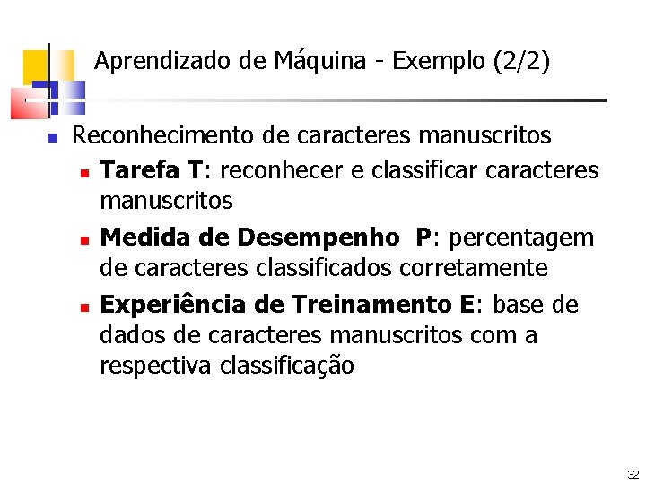 Aprendizado de Máquina - Exemplo (2/2) Reconhecimento de caracteres manuscritos Tarefa T: reconhecer e