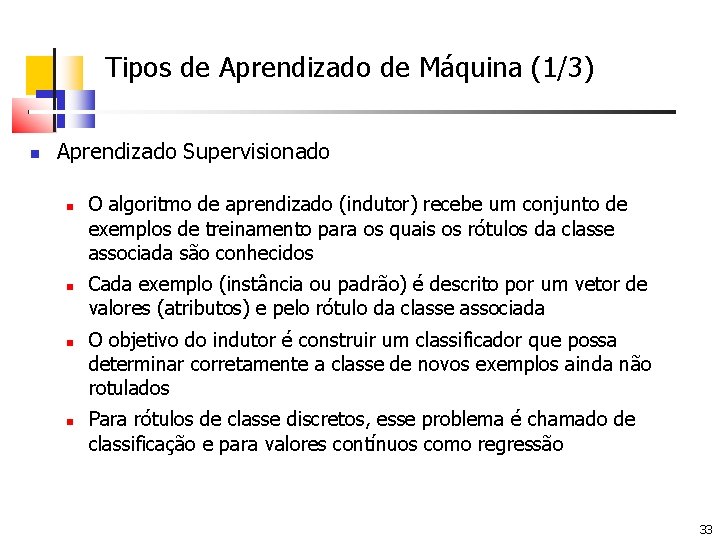 Tipos de Aprendizado de Máquina (1/3) Aprendizado Supervisionado O algoritmo de aprendizado (indutor) recebe