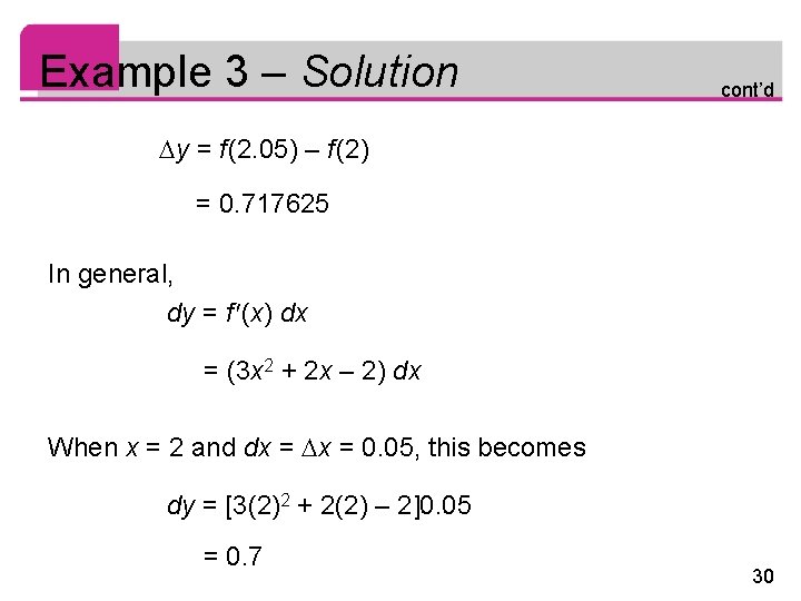 Example 3 – Solution cont’d y = f (2. 05) – f (2) =