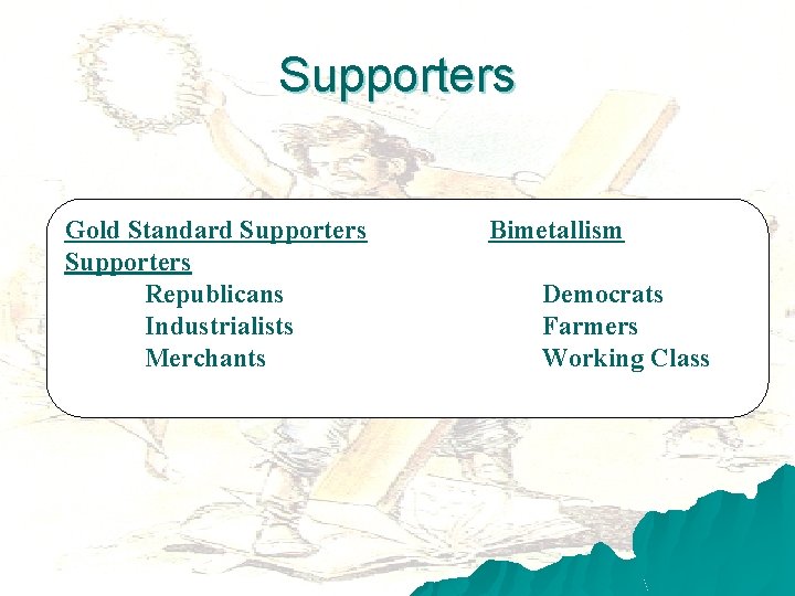 Supporters Gold Standard Supporters Republicans Industrialists Merchants Bimetallism Democrats Farmers Working Class 