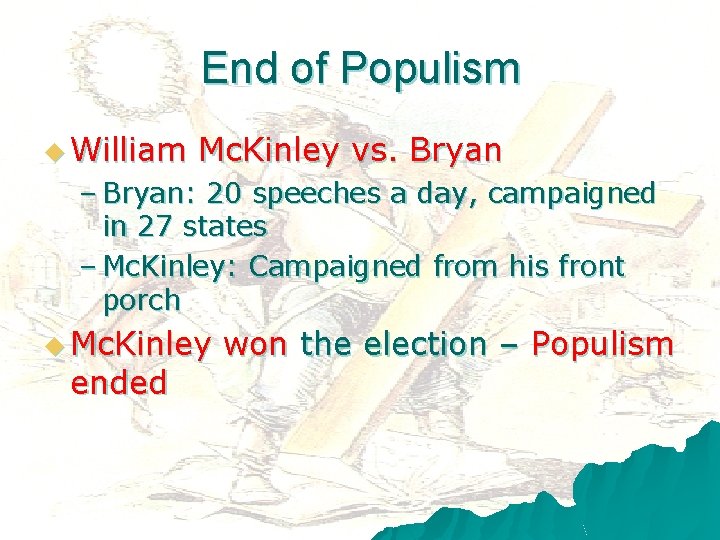 End of Populism u William Mc. Kinley vs. Bryan – Bryan: 20 speeches a