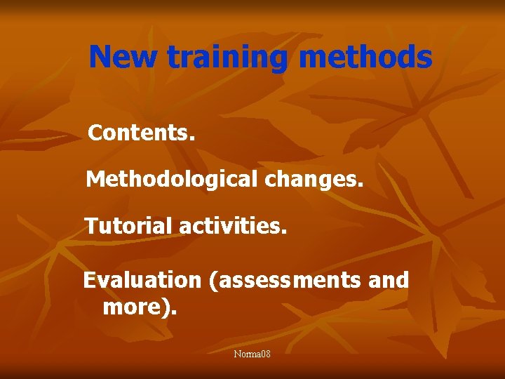 New training methods Contents. Methodological changes. Tutorial activities. Evaluation (assessments and more). Norma 08