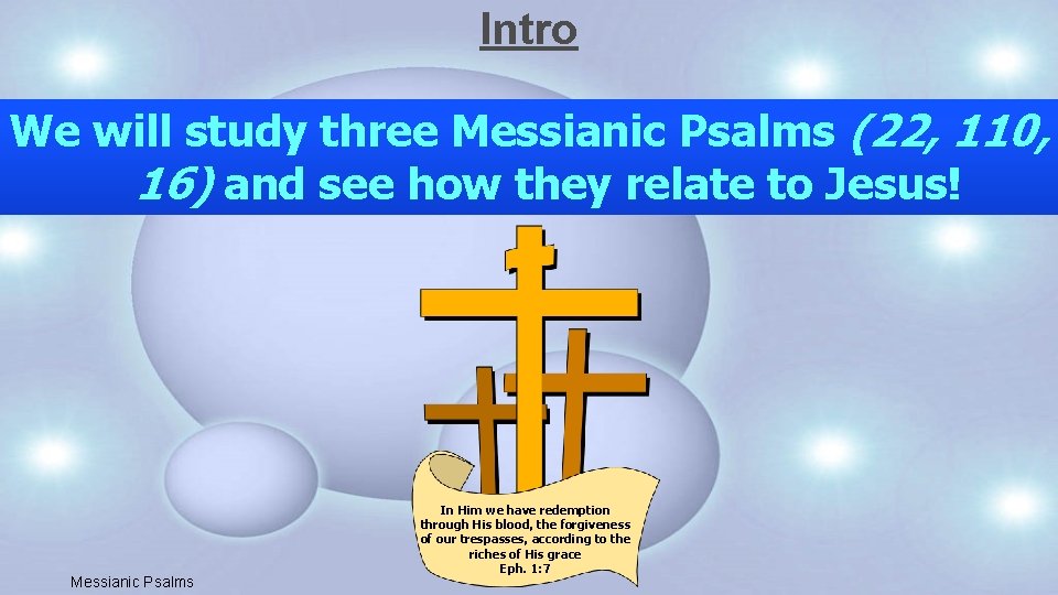 Intro We will study three Messianic Psalms (22, 110, 16) and see how they