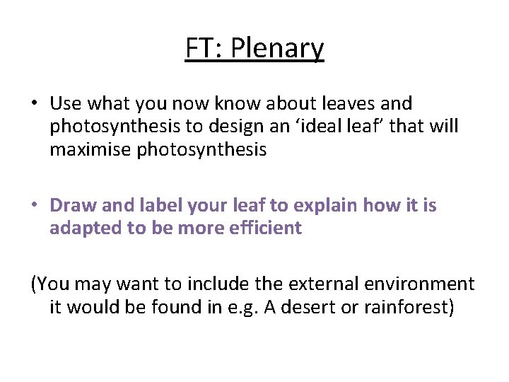 FT: Plenary • Use what you now know about leaves and photosynthesis to design