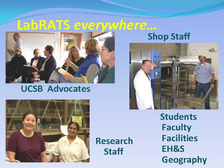 Lab. RATS everywhere… Shop Staff UCSB Advocates Research Staff Students Faculty Facilities EH&S Geography