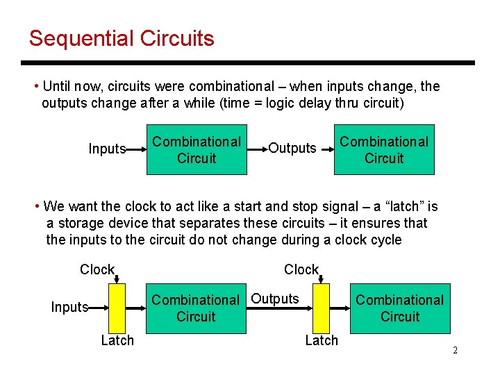 Sequential Circuits • Until now, circuits were combinational – when inputs change, the outputs