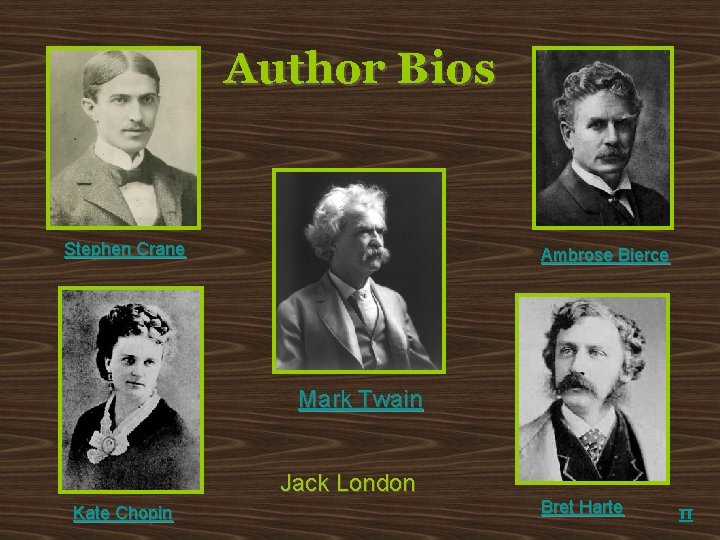 Author Bios Stephen Crane Ambrose Bierce Mark Twain Jack London Kate Chopin Bret Harte