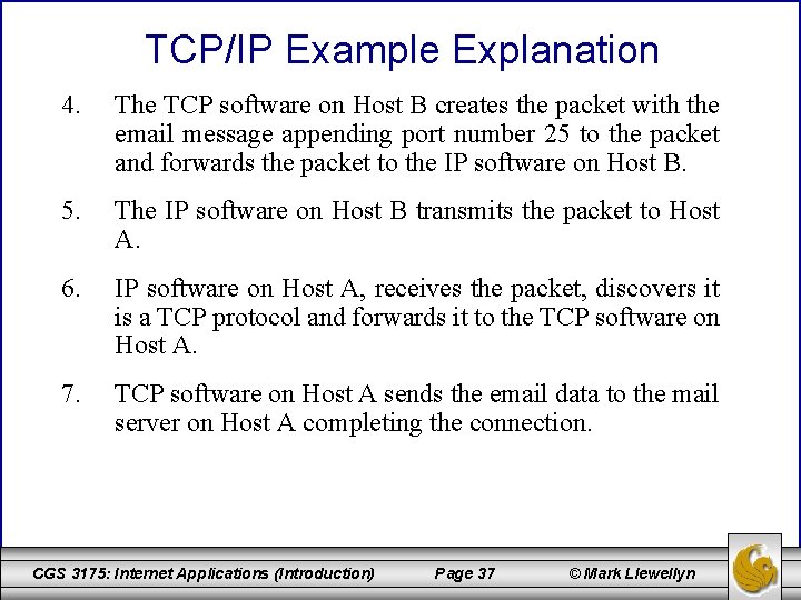 TCP/IP Example Explanation 4. The TCP software on Host B creates the packet with