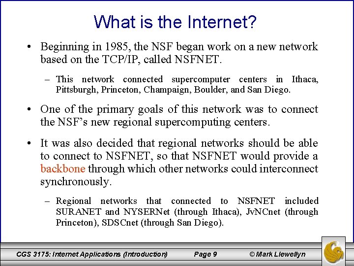 What is the Internet? • Beginning in 1985, the NSF began work on a