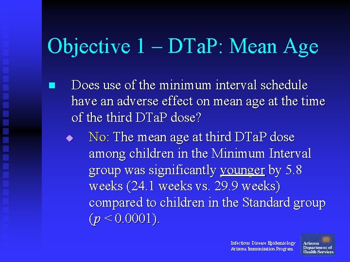 Objective 1 – DTa. P: Mean Age n Does use of the minimum interval Objective 1 – DTa. P: Mean Age n Does use of the minimum interval