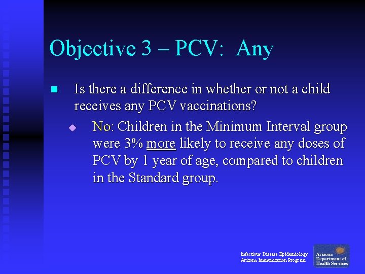 Objective 3 – PCV: Any n Is there a difference in whether or not Objective 3 – PCV: Any n Is there a difference in whether or not
