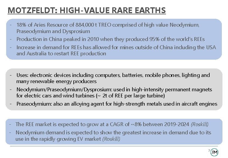 MOTZFELDT: HIGH-VALUE RARE EARTHS - 18% of Aries Resource of 884, 000 t TREO