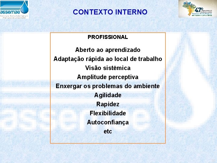 CONTEXTO INTERNO PROFISSIONAL Aberto ao aprendizado Adaptação rápida ao local de trabalho Visão sistêmica