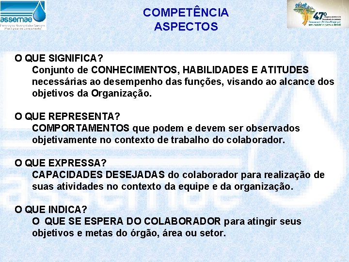 COMPETÊNCIA ASPECTOS O QUE SIGNIFICA? Conjunto de CONHECIMENTOS, HABILIDADES E ATITUDES necessárias ao desempenho