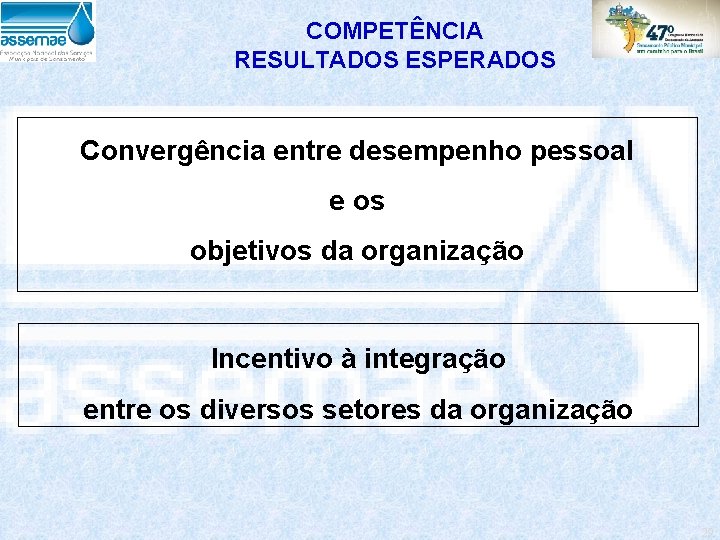 COMPETÊNCIA RESULTADOS ESPERADOS Convergência entre desempenho pessoal e os objetivos da organização Incentivo à