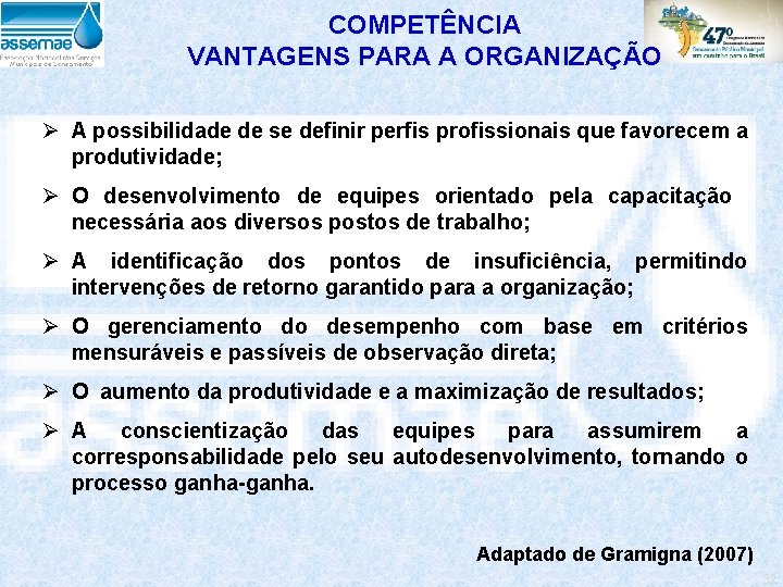 COMPETÊNCIA VANTAGENS PARA A ORGANIZAÇÃO Ø A possibilidade de se definir perfis profissionais que