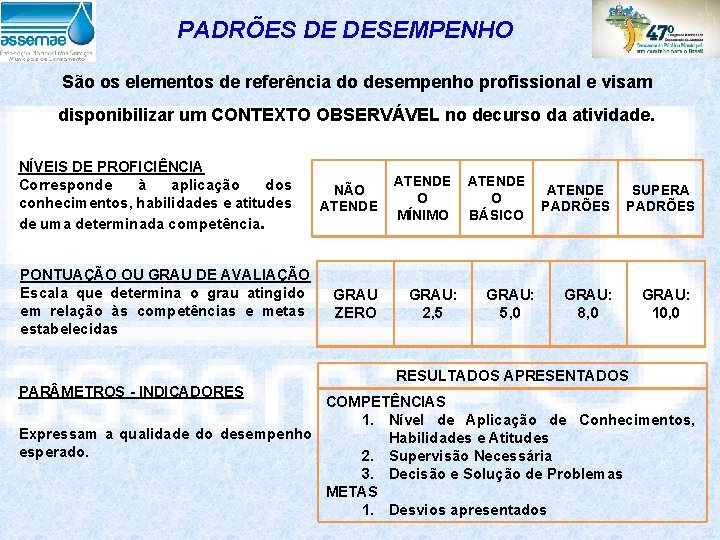 PADRÕES DE DESEMPENHO São os elementos de referência do desempenho profissional e visam disponibilizar