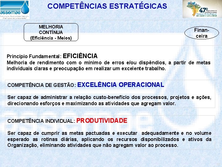 COMPETÊNCIAS ESTRATÉGICAS MELHORIA CONTÍNUA (Eficiência - Meios) Financeira Princípio Fundamental: EFICIÊNCIA Melhoria de rendimento