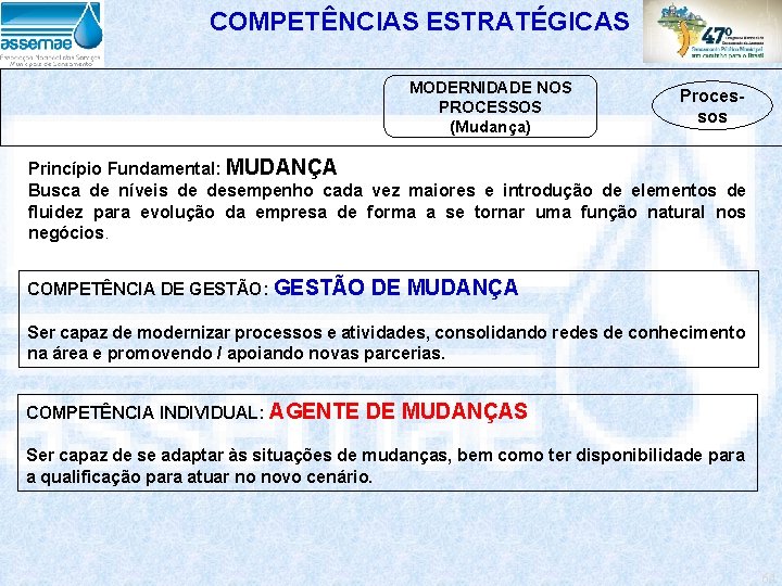 COMPETÊNCIAS ESTRATÉGICAS MODERNIDADE NOS PROCESSOS (Mudança) Processos Princípio Fundamental: MUDANÇA Busca de níveis de