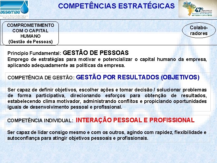 COMPETÊNCIAS ESTRATÉGICAS COMPROMETIMENTO COM O CAPITAL HUMANO (Gestão de Pessoas) Colaboradores Princípio Fundamental: GESTÃO