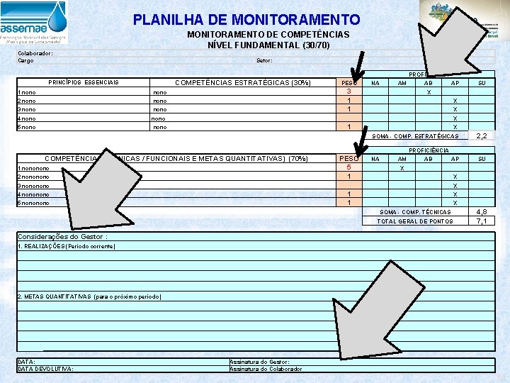 PLANILHA DE MONITORAMENTO DE COMPETÊNCIAS NÍVEL FUNDAMENTAL (30/70) Colaborador: Cargo Setor: PROFICIÊNCIA COMPETÊNCIAS ESTRATÉGICAS
