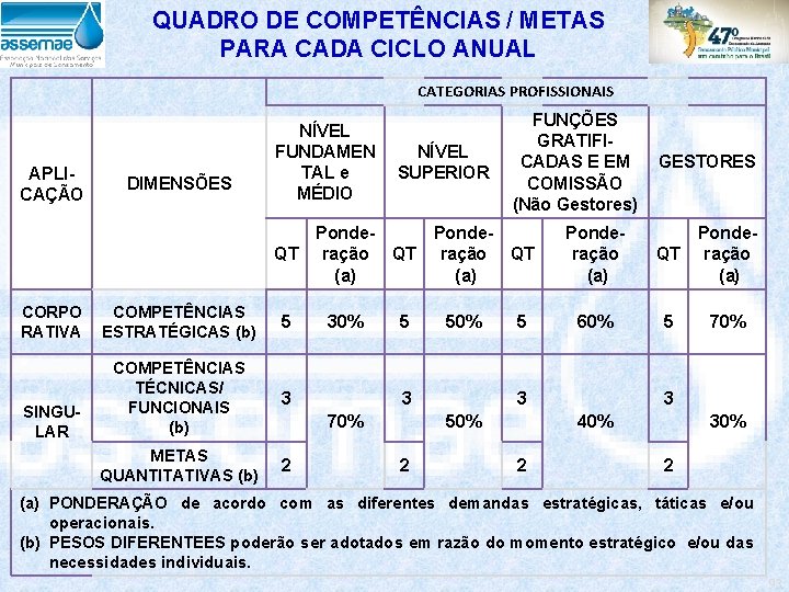 QUADRO DE COMPETÊNCIAS / METAS PARA CADA CICLO ANUAL CATEGORIAS PROFISSIONAIS APLICAÇÃO DIMENSÕES NÍVEL