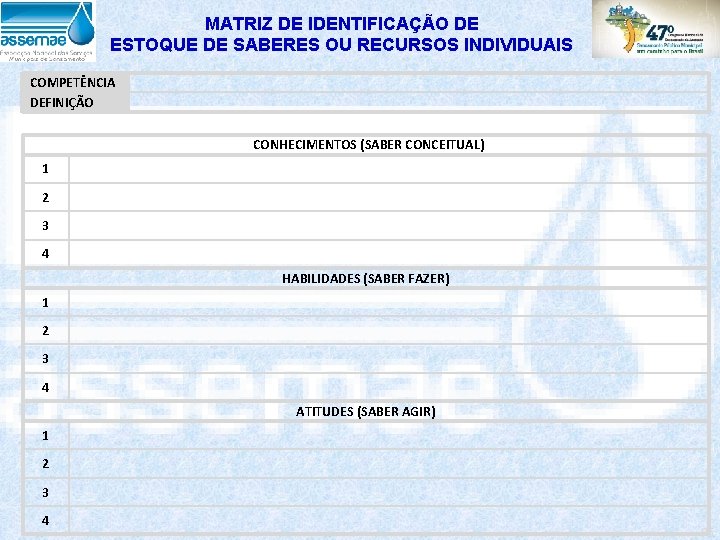 MATRIZ DE IDENTIFICAÇÃO DE ESTOQUE DE SABERES OU RECURSOS INDIVIDUAIS COMPETÊNCIA DEFINIÇÃO CONHECIMENTOS (SABER