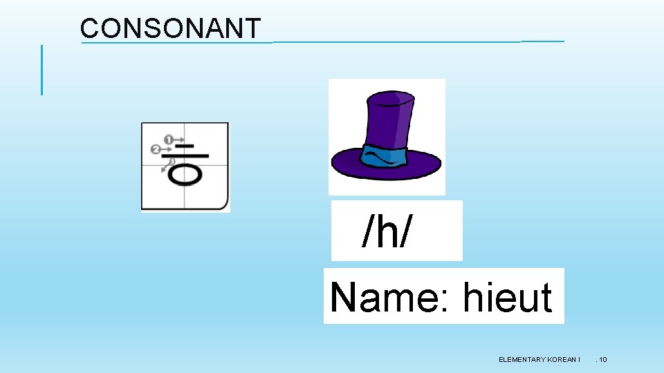 CONSONANT /h/ Name: hieut ELEMENTARY KOREAN I . 10 CONSONANT /h/ Name: hieut ELEMENTARY KOREAN I . 10