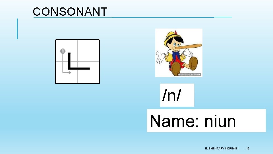 CONSONANT /n/ Name: niun ELEMENTARY KOREAN I . 13 CONSONANT /n/ Name: niun ELEMENTARY KOREAN I . 13