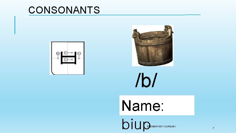 CONSONANTS /b/ Name: biup ELEMENTARY KOREAN I . 7 CONSONANTS /b/ Name: biup ELEMENTARY KOREAN I . 7