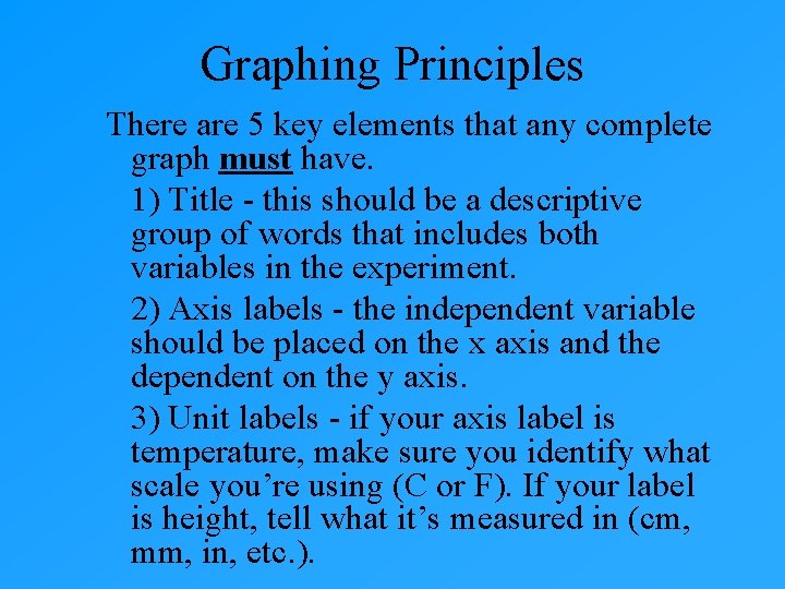 Graphing Principles There are 5 key elements that any complete graph must have. 1) Graphing Principles There are 5 key elements that any complete graph must have. 1)