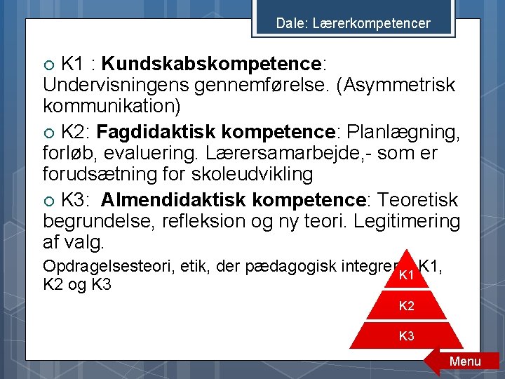 Dale: Lærerkompetencer K 1 : Kundskabskompetence: Undervisningens gennemførelse. (Asymmetrisk kommunikation) K 2: Fagdidaktisk kompetence: Dale: Lærerkompetencer K 1 : Kundskabskompetence: Undervisningens gennemførelse. (Asymmetrisk kommunikation) K 2: Fagdidaktisk kompetence: